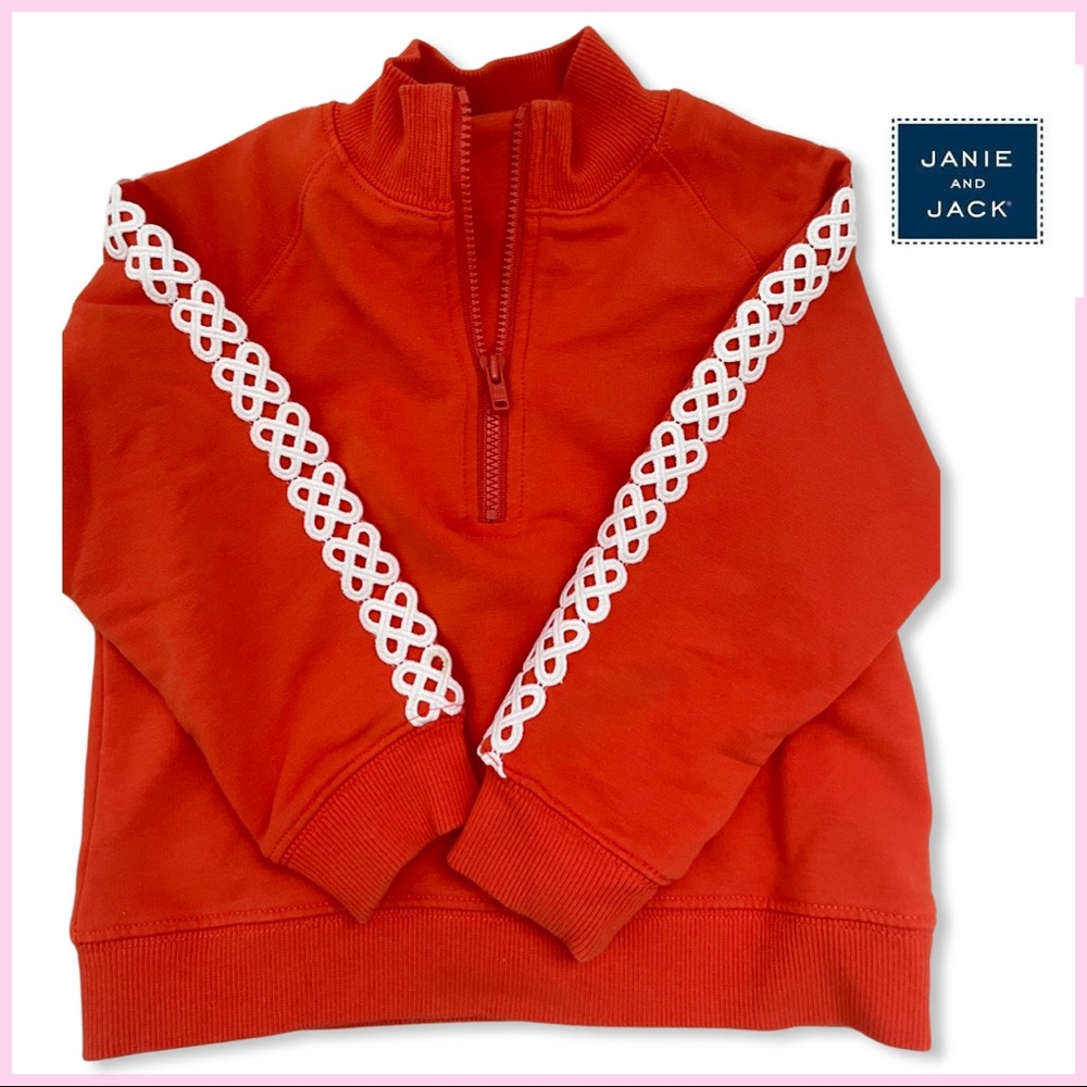 Worn 2x! JANIE AND JACK Orange Half Zip 2T w/ Orange White Pattern Appliqué